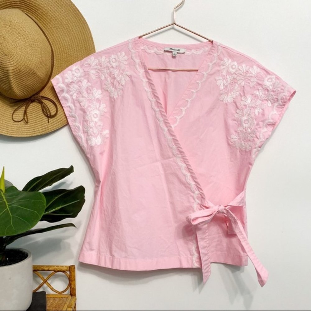 madewell | kimono side tie embroidery wrap top pink white s